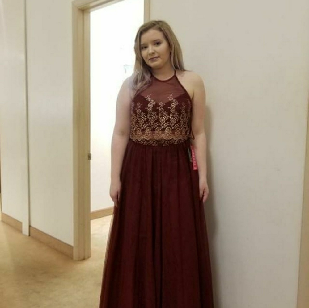 Maroon and Gold Prom dress